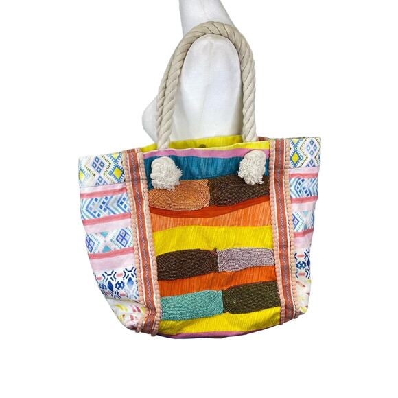 Colorful Beaded Beach Bag Geometric Ikat Print Large Size Bohemian Embroidered - Picture 5 of 9